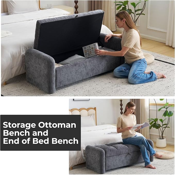 Oversized Chenille Ottoman Bench with Storage, Upholstered End of Bed Bench for Bedroom, Ottoman Foot Rest for Living Room, Dark Grey