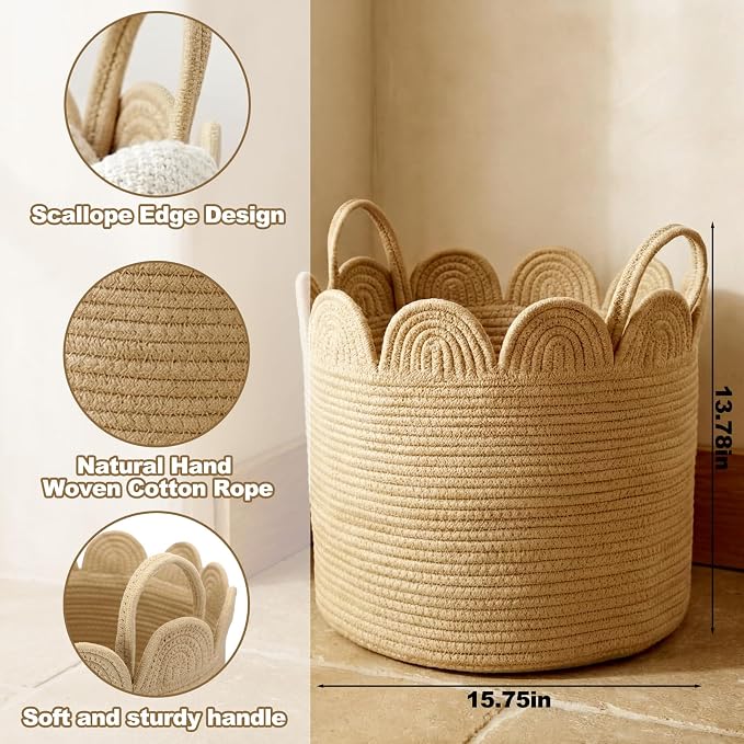 LemonRoad Brown Round Basket Large Blanket Basket 16" x 14" Scalloped Woven Baskets Cotton Storage Baskets for Nursery Classroom Closet Blankets Storage Home Decor