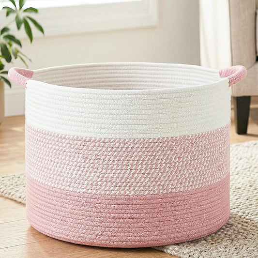 Artfeel 100L Large Cotton Rope Basket, Decorative Woven Blanket Storage for Living Room, Boho Toy Storage & Toy Box for Kids, Versatile Laundry Basket & Nursery Hamper for Blankets(Pink)
