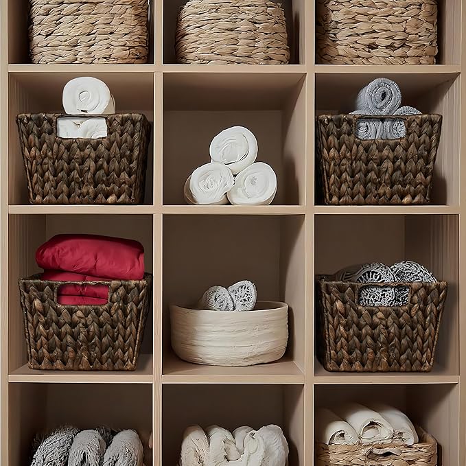 Casafield Set of 4 Water Hyacinth Storage Baskets with Handles - Espresso Brown, Woven Storage Bins for Shelves, Blankets, Laundry Organization