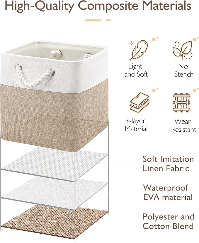 Patvingot 11-Inch Fabric Cube Storage Bins with Handles,4 Pack,Foldable | For cube shelves and closets,keeps grouped for everyday access,reinforced opening and fold-flat storage,white and khaki