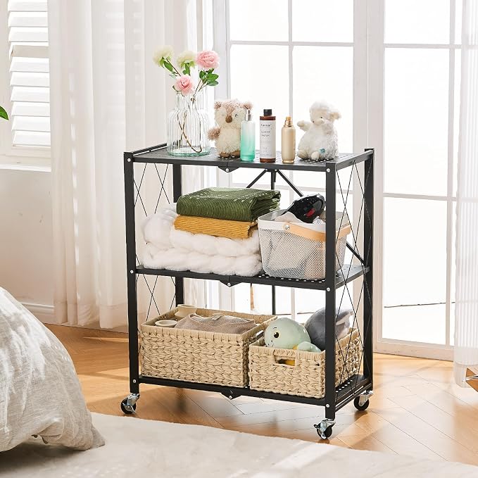 BRIAN & DANY 3-Tier Foldable Storage Shelves with Wheels, No Assembly Folding Shelf Metal Rack, Shelving Unit for Kitchen, Garage, Black