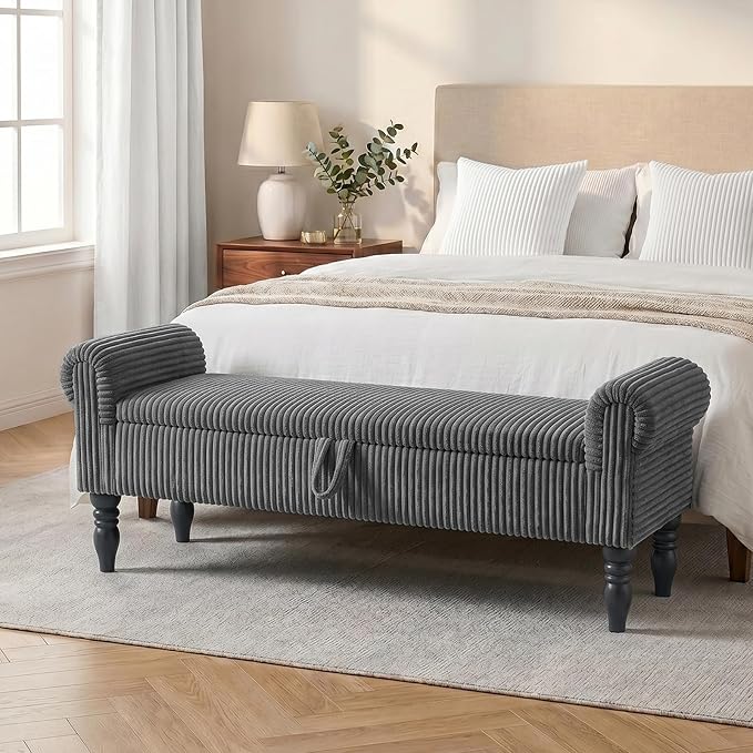 60" Storage Bench for Bedroom,End of Bed Bench with Storage | Corduroy King Size Bench with Rolled Arms,Storage Ottoman Benches for Living Room,Entryway,Benches for Foot of Bed,Dark Grey