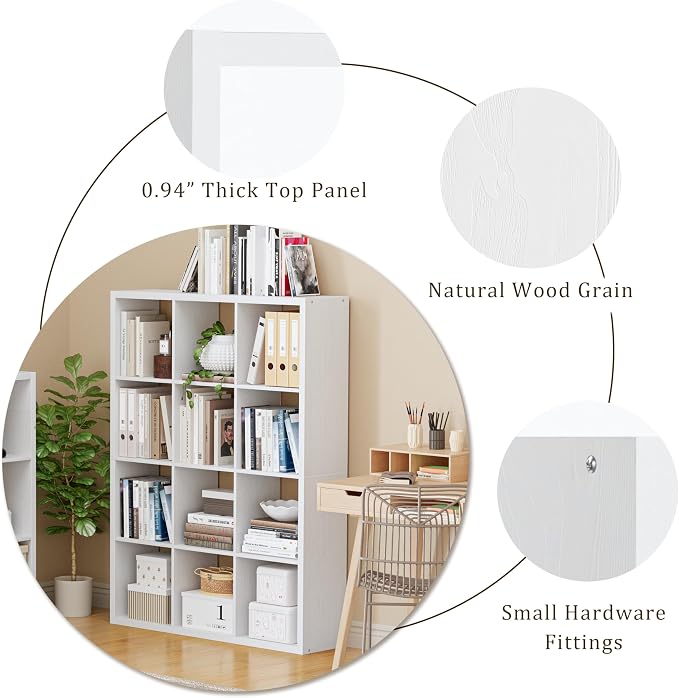 VDNEND Cube Storage Organizer Bookcase, Decorative 11 inch Open Back Cubical Shelf with Thickened Border, Display Bookshelf for Living Room, Home Office, Sturdy Room (White, 12 Cube)