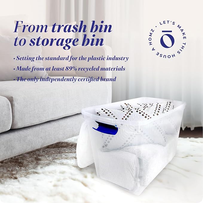 HOMZ 112 Quart Secure Seal Latch Clear Plastic Bin | Stackable & Nestable | Easy Grip Latching Handles | Home, Office, Dorm Room Organization | Blue Handles, 2 Pack