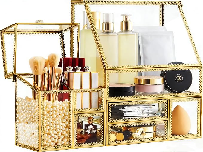 Tempered Glass Makeup Organizer with Gold Heart Shaped Metal Frame, Large Cosmetic Storage Drawer Cabinet, Dustproof Vanity Display Case for Lipstick Makeup Brush Skincare