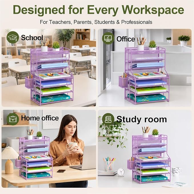 Purple 7 Tier Desk File Organizer, Metal Letter Tray Paper Organizer with Pull-Out Drawer, Removable Pen Holder & Hanging Basket, Vertical Desktop File Holder for Home Office, Classroom