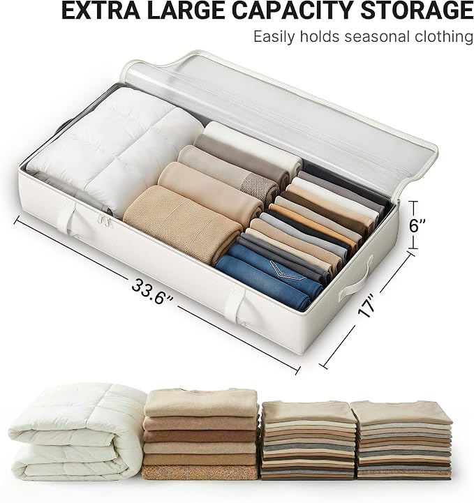TidyCorner 2-Pack Under Bed Storage, 6 Inches Tall Closet Organizers and Storage Bins with Sturdy Sidewalls/Bottom/4 Handles, Beige