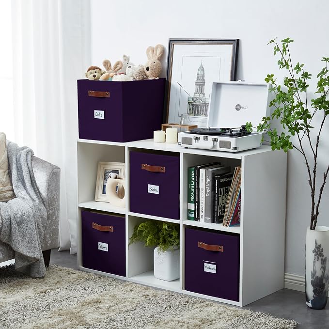 DECOMOMO Storage Bins, Storage Baskets for Shelves | 13" x 15" x 13" Storage Cube Bins with Labels for Organizing Shelves (Kallax, 4pcs, Deep Violet)