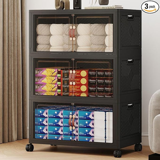 288QT Extra Large Stackable Storage Bins with Lids | & Wheels & Door, 72Gal Foldable Collapsible Closet Organizers, Plastic containers drawers for bedroom Dorm