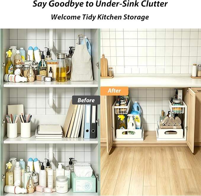 2 Pack Upgraded Under Sink Organizer, 2 Tier Pull out Kitchen Cabinet Organizer Metal Slide out Bathroom Organizers and Storage Makeup Drawer Organizer for Office Bedroom Restroom Living Room, L-White