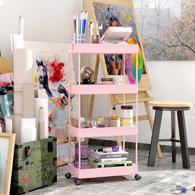 SPACEKEEPER 4 Tier Rolling Cart, Bathroom Cart Organizer with Wheels, Pink | Mobile Storage Cart for Laundry Room Organization,Kitchen,Office,Bathroom, Utility Cart for Snack,Craft,Art,Makeup,Nail,Toys