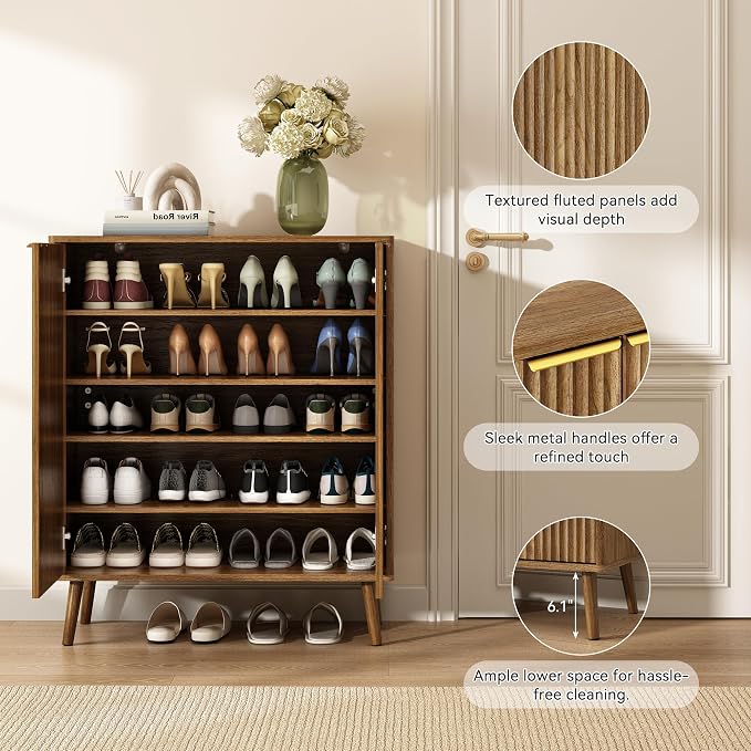 Fluted Shoe Cabinet with Doors, 5-Tier Shoe Storage Cabinet with Adjustable Shelves, Wooden Freestanding Shoe Organizer Shoe Cabinet for Entryway,Hallway,Living Room, Natural Oak