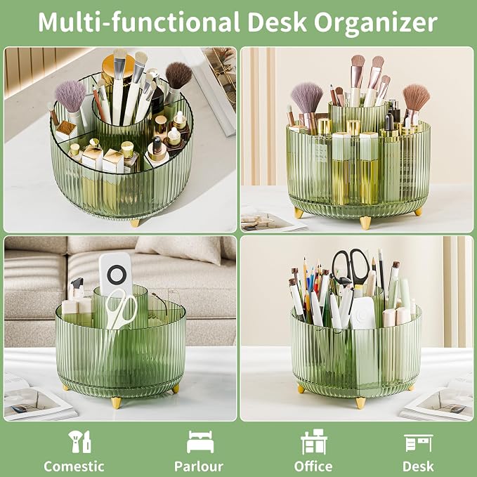 fanado 360° Rotate Makeup Brush Holder Organizer, Makeup Organizers Countertop, Makeup organization and Skincare Storage for Vanity, Desktop, Bathroom (Clear Green)