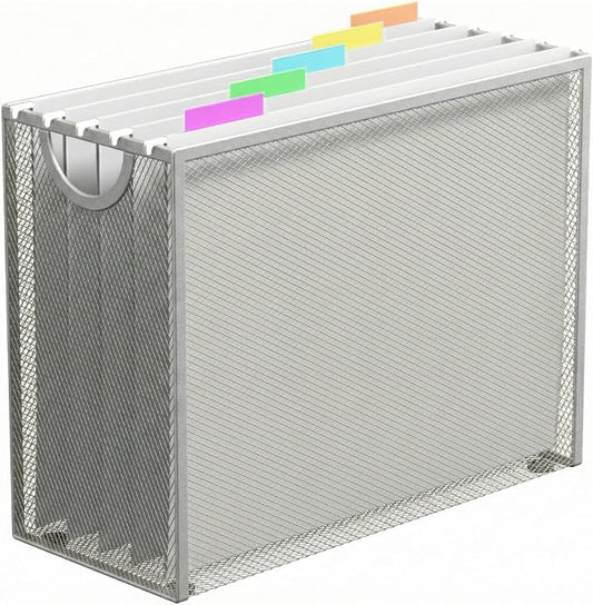 Letter-Size Hanging File Organizer (Silver, with 5 Grey Folders) | File Holder Filing Box for Desk, Metal Mesh Desk File Folder Storage for Office(No Assembly Required)