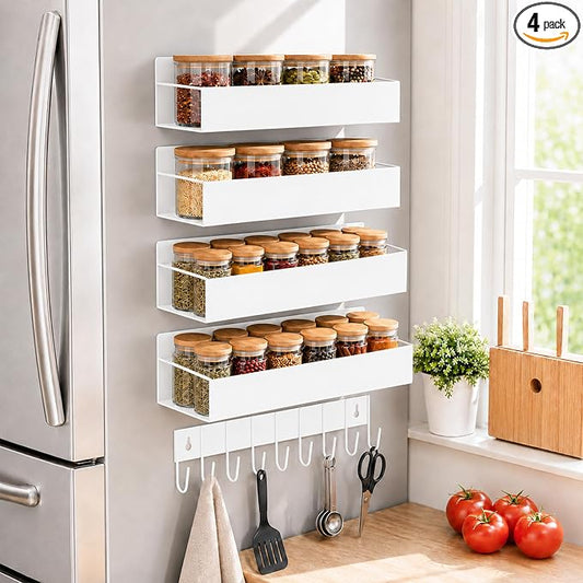 SMRCAD Metal Magnetic Spice Rack 4 Pack with Hook – Heavy-Duty | Iron construction, dust-resistant, fits condiment bottles, includes screws for optional wall mount