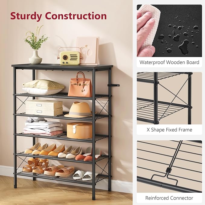 6 Tier Shoe Rack for 20-24 Pairs of Shoes, Black | Sturdy & Durable, X Shape Fixed Frame, Metal Mesh Shoe Shelf, Industrial, For Closet, For Entryway Shoe Storage