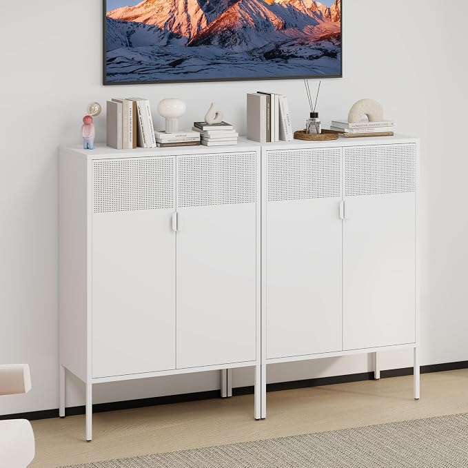 3-Tier Metal Storage Cabinet with 2 Adjustable Shelves & Mesh Doors | Metal Locker Accent Cabinet with Legs, White Storage Cabinets, Metal TV Stand Cabinet for Home Office, Entryway & Hallway