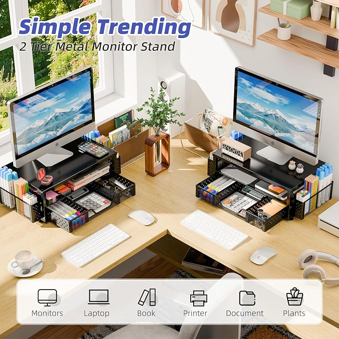 Simple Trending 2-Tier Monitor Stand Riser, Desk Organizer, Drawer, Black | Laptop & Printer Stand, Desktop Organizer, Drawer & 2 Pen Holders, Sturdy Material, for Home Office, 16"W x 10"D x 5.8"H