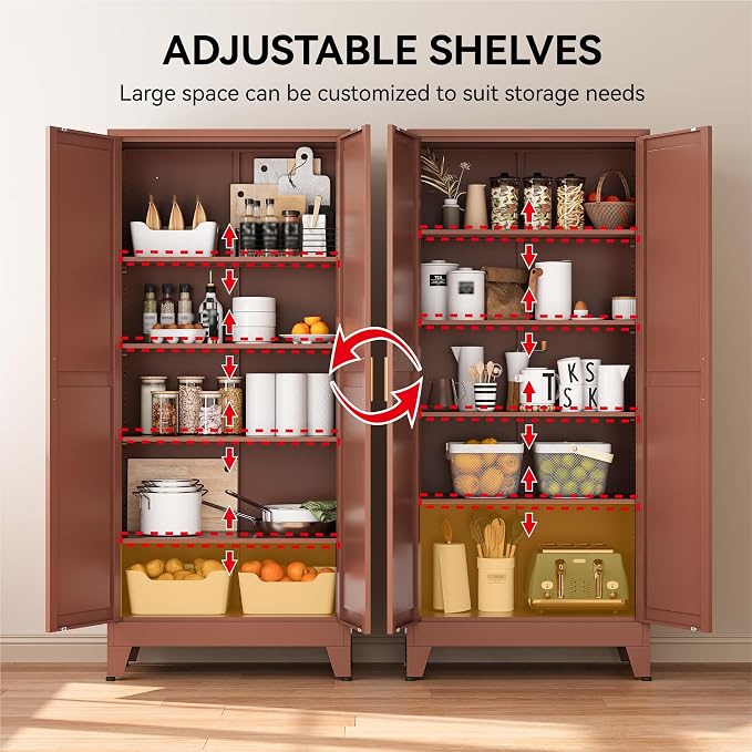 COFaR 71" Metal Pantry Cabinet in Brown, 5-Tier Storage with Adjustable Shelves, Metal-Tone Cupboard for Kitchen, Office & Living Room Organization