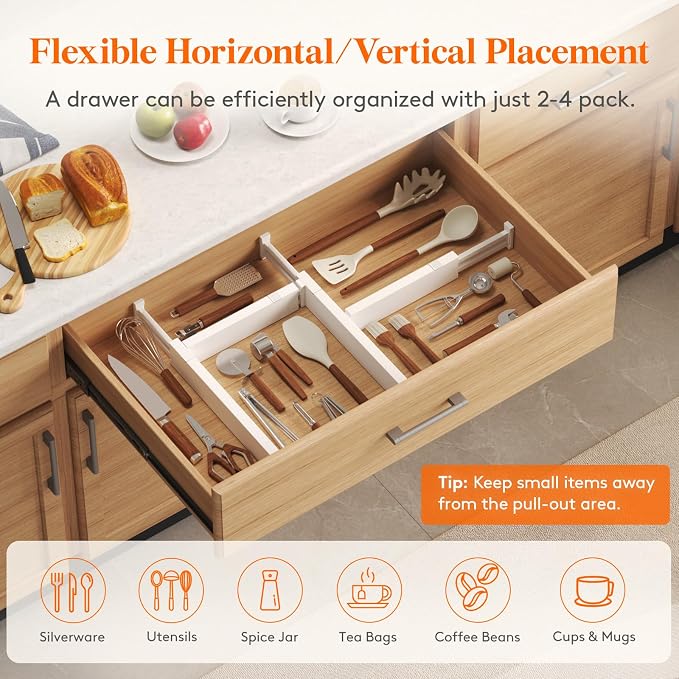 Lifewit 5 Pack 2.36" High Drawer Dividers 40-56cm/16-22 Adjustable Drawer Organizer for Clothes/Utensils, Expandable Drawer Separator in Dresser/Kitchen/Bedroom/Office Organization & Storage White