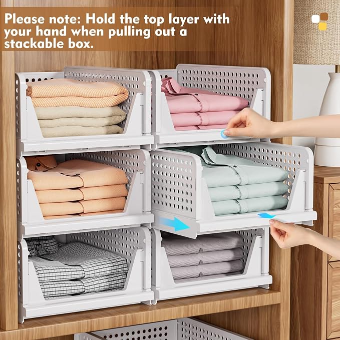 SNSLXH 5 Pack Stackable Closet Storage Basket, Multifunctional & Foldable Closet Organizer for Bathroom Kitchen Laundry Room Wardrobe Storage, Space-Saving Clothes Storage Drawer Organizer, White | 5 Pack Foldable Closet Storage Bins for Bathroom Laund...