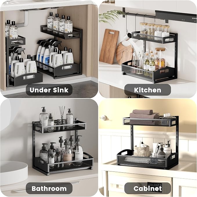 Petiza Under Sink Organizer,2 Pack Height Adjustable Under Sink Organizers and Storage, 2 Tier Under Sink Storage for Kitchen Bathroom Cabinet