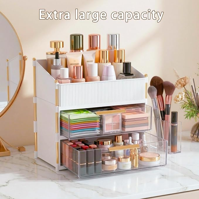 Large Capacity Makeup Organizer Countertop with Brush Holder, Vanity Skincare Perfume Storage Box for Bathroom, Mother's Day Birthday Anniversary Teen Girl Gifts for Women Mom
