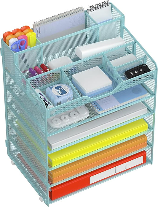 Docnest 6 Tier Mesh Desk Organizer with Letter Tray & Paper Sorter, Blue | Features 3 built-in pen holders & 5 adjustable compartments on top. Includes 4 non-slip rubber feet for desk protection
