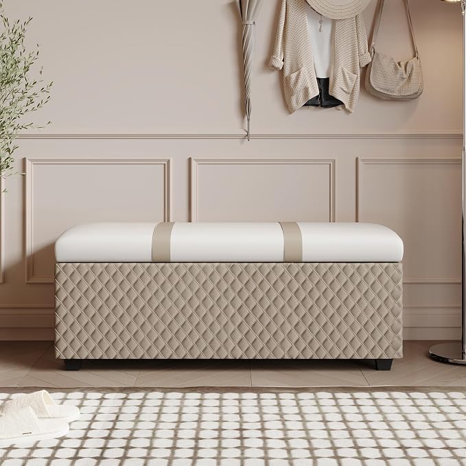 38" Multicolor Faux Leather Storage Ottoman Bench | Solid wood frame bench, 4-leg easy assembly. Use as end-of-bed, footrest, entryway seat. Hinged hidden storage, multi-use.