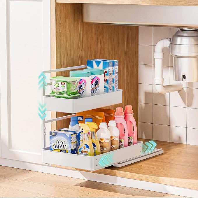 EVERIE Metal Pull Out Slide Shelf Organizer for Framed or Frameless Under Sink CabinetsOrganization in Kitchen, Bathroom, Counter, Cabinets (White, 1 Set)