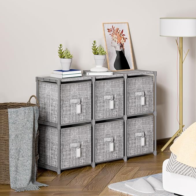 Cube Storage Organizer Shelf + 6 Bins + Labels | Adjustable Modular Cubby Organizer, Beautiful Printed Storage Shelf, Large Capacity, Living Room, Dorm, Yarn