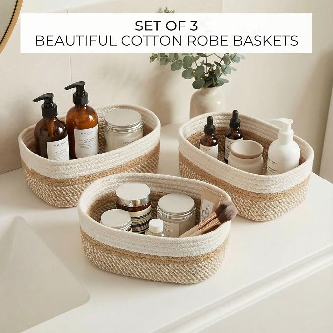 Beautiful Storage Basket Set of 3 - Sturdy Jute Rope Baskets for Shelves Are Perfect for Organizing Your Home - Quality Storage Bins Easily Fit With Any Nursery or Bedroom Decor