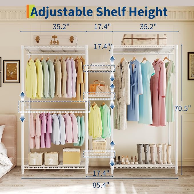 Heavy Duty Clothes Rack with Shelves, 71" H Freestanding Closet Organizer System, Large Capacity 3-Unit Metal Garment Rack L-shaped Combo for Hanging Clothes, Bedroom & Laundry Room, 85.4"L x 17.4"W