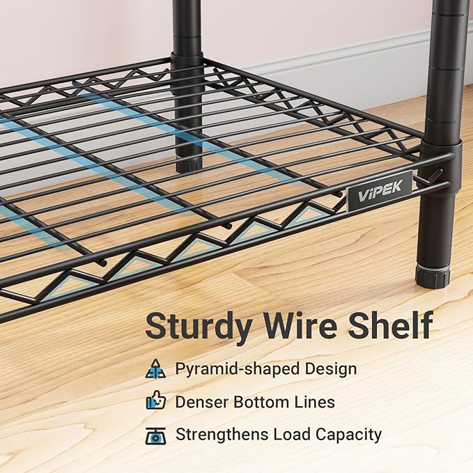 VIPEK R3 Plus Rolling Clothes Rack Heavy Duty Closet for Hanging Clothes | Lockable Silent Wheels, Adjustable Wire Shelving, Metal Side Hooks, Load 380lbs, Space-Saving Storage for Bedroom, Black