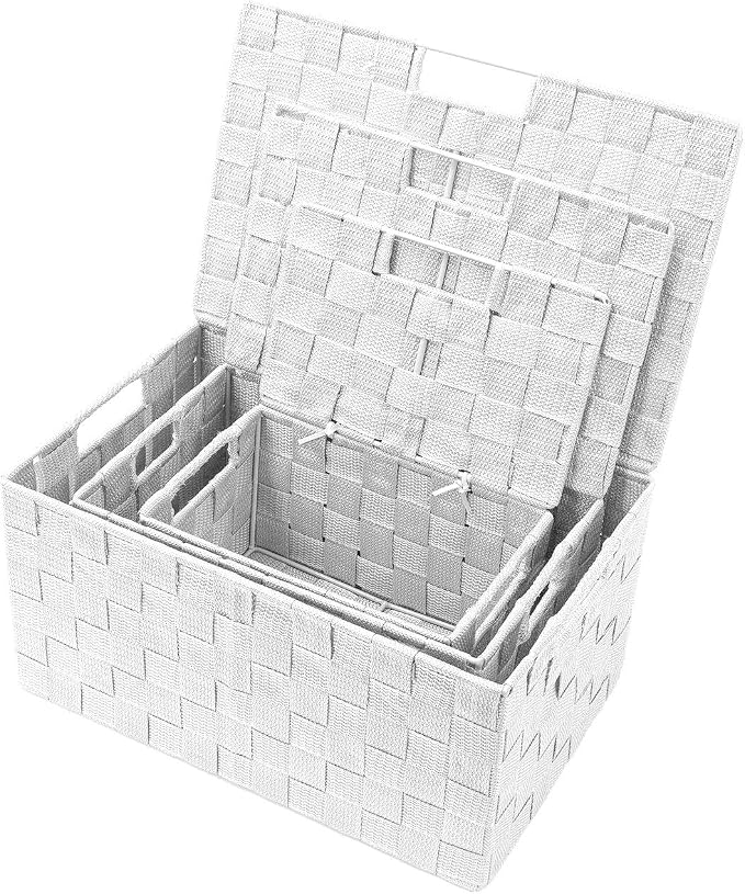 Sorbus Set of 3 Hand-Woven Storage Baskets with Lids – Decorative Wicker Organizers for Home, Closet, or Shelves (White)