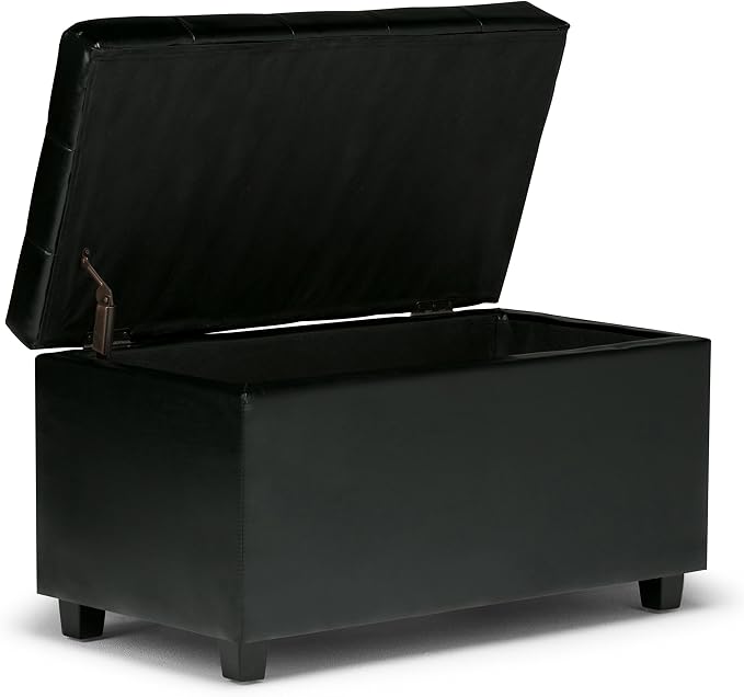 SIMPLIHOME Dover 36" Wide Vegan Leather Storage Ottoman in Distressed Brown | Midnight black, transitional storage ottoman with tufting and lift-up lid; rectangle storage bench for living room.