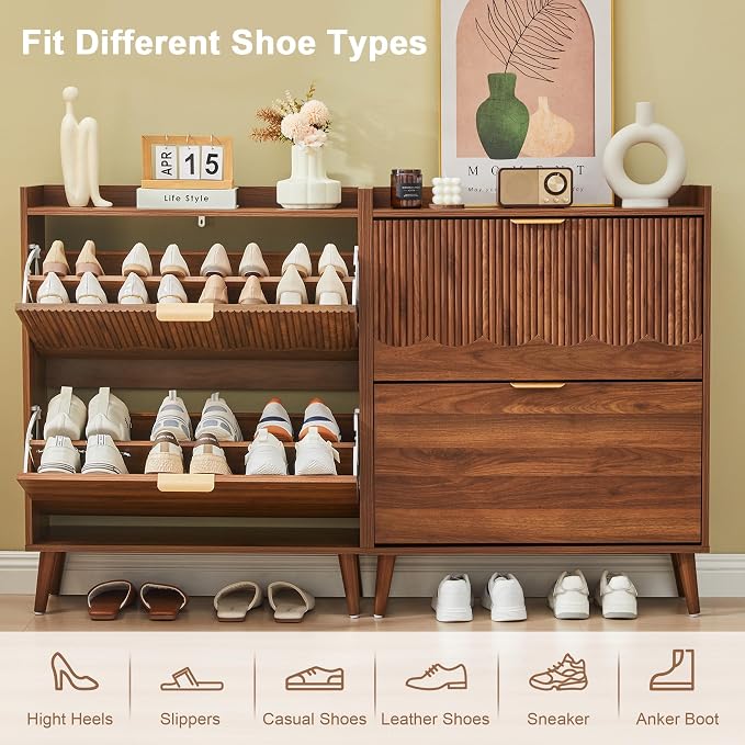 BERRYMERRY 30" Walnut Narrow Shoe Storage Cabinet with 2 Flip Drawers | narrow,entryway,adjustable feet,20 pairs shoe,shoe organize,hidden shoe rack,fluted panel,wave pattern,wood,space saving