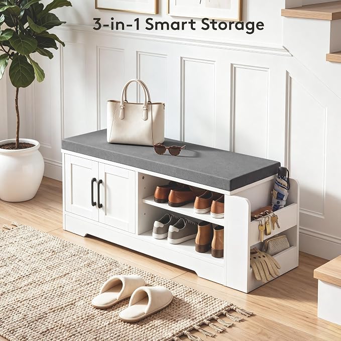 GRUSIGN 39.6" Shoe Storage Bench with Cushion, Entryway Shoe Cabinet, White | 3-in-1 Shoe Storage Bench, Adjustable Shelves, Removable Cushion, 300 lbs Capacity, Entryway, Apartment, Families
