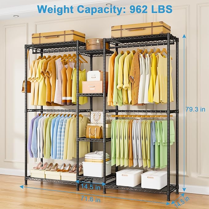 Ulif E4 Clothes Rack, Heavy-Duty Garment Rack, Metal Freestanding Clothing Organization Storage System Can Be L-Shaped with Shelves and Hangers, Max Load 962lbs, 71.6" W x 14.5" D x 79.3" H, Black | Metal Freestanding Clothing Organization Storage Syst...