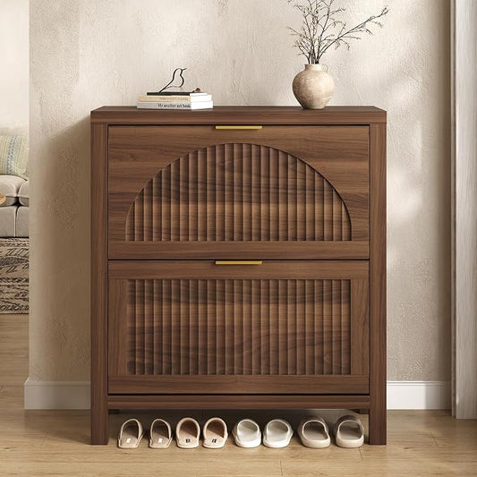 Fluted Shoe Cabinet Storage with 2 Flip Drawers for Entryway, Hallway | Hidden Shoe Rack Slim Freestanding Hidden Shoe Organizer for Foyer, Hallway, Living Room, Walnut