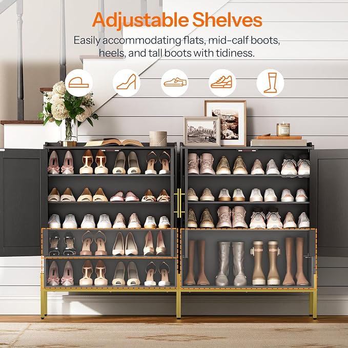 HOOBRO Shoe Cabinet, 5-Tier Shoe Storage Organizer with Doors, Wooden Shoe Cabinet Storage for Entryway, Freestanding Shoe Rack Cabinet with 3 Adjustable Shelves for Hallway, Gold and Black DB41SC01