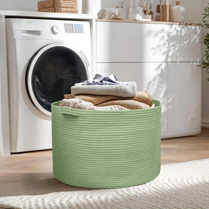 115L Oversized Green Basket, 23.6"x15.7" Woven Cotton Rope Bin for Blankets, Nursery Wicker Laundry Hamper, Kids Toy Storage Bin, Sage Green Living Room Bedroom Decor Baskets for Organizing