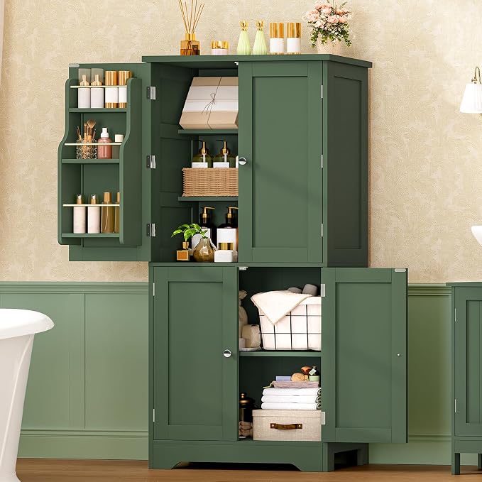 51" H Pantry Cabinet with 4 Doors, Kitchen Cabinet with 6 Door Shelves, Kitchen Pantry for Living Room, Dining Room, Bathroom, Green