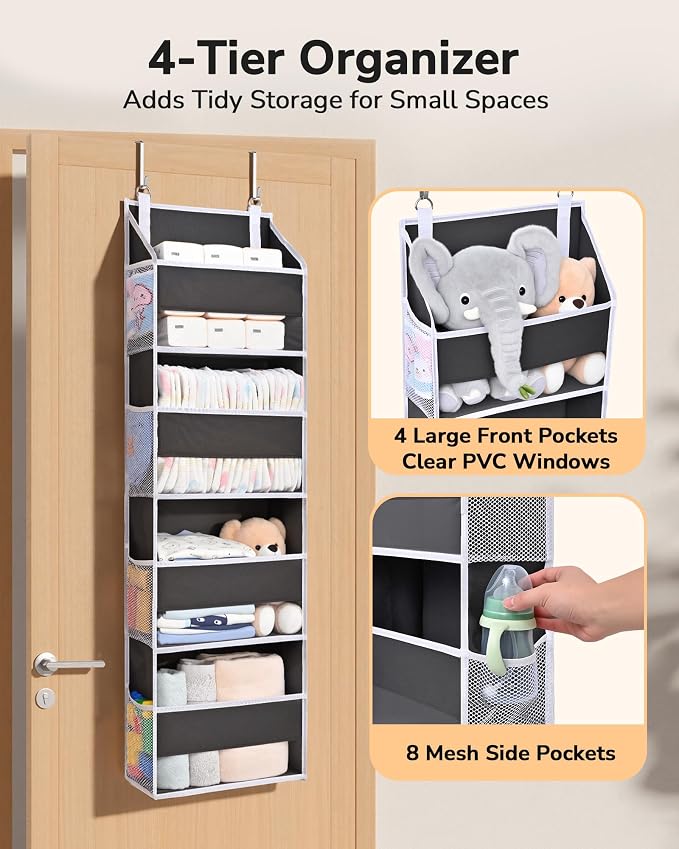 ULG 2 Pack Small Over Door Organizer with 4 Large Pockets 8 Mesh Side Pockets, Hanging Storage Organizer with Clear Window Kids Toys Deep Gray
