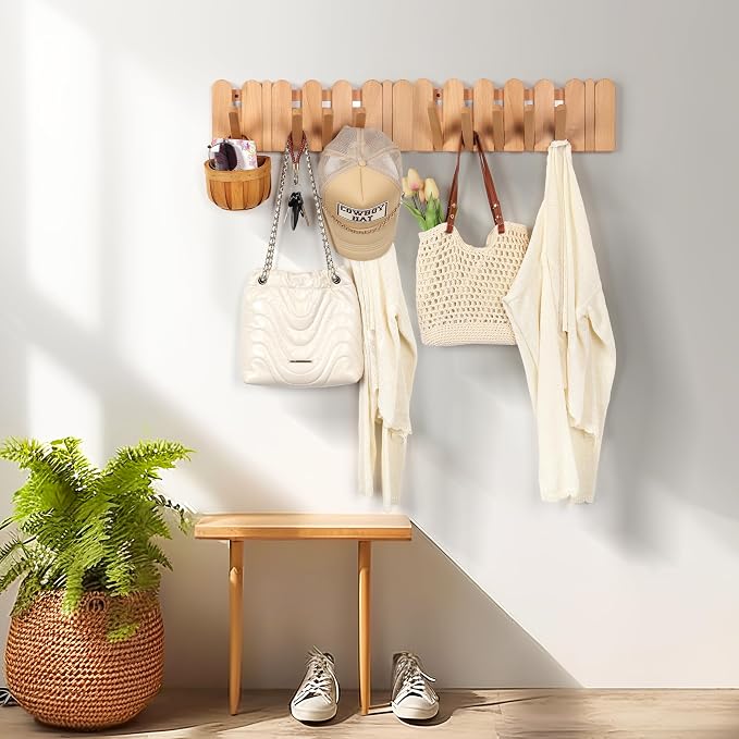 Wooden Boho Wall Mount Coat Rack 6 Hooks 16.8'' | Entryway Hanger with Magnetic Foldable Hooks Mounted, Space Saving for Hanging Jacket Bag for Apartments & Modern Homes