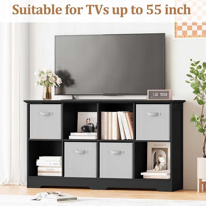 8 Cube Storage Organizer Shelf, Wood Cubby Storage with 4 Fabric Drawers | 2 Tier Wooden Bookshelf with 2 Adjustable Shelves, Fluted Side Panels Bookcase for Bedroom, Living Room, Home Office, Black