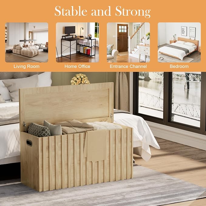 Storage Bench,39.4" Wood Box, Storage Trunk with 2 Safety Hinges, Ottoman Storage Chest, Fluted Storage Bench for Bedroom, Entryway, Living Room (Ivroy White)