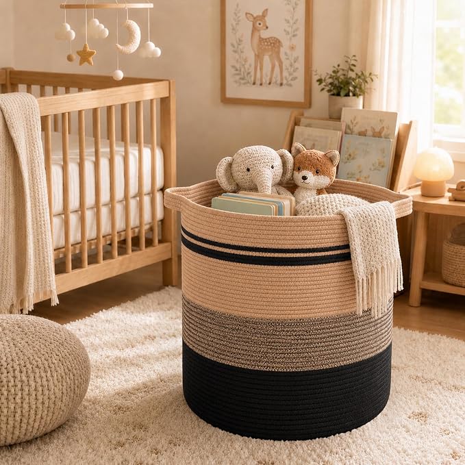 OIAHOMY 80L Laundry Baskets-Laundry Hamper,Storage Basket with Handles,Decorative Basket for Living room,Woven Storage Basket for Toys Bin,Pillows, Blankets,Clothes-20x18in-Yellow Black