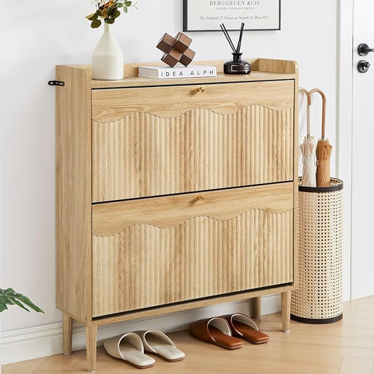 BERRYMERRY Oak 31.5" Fluted Shoe Storage Cabinet with 2 Flip Drawer | narrow,entryway,adjustable feet,32 pairs shoe,shoe organize,hidden shoe rack,fluted panel,wave pattern,wood,space saving